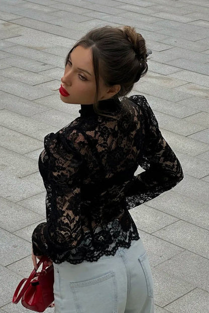 Lace Puff Sleeve Stand Collar Blouse