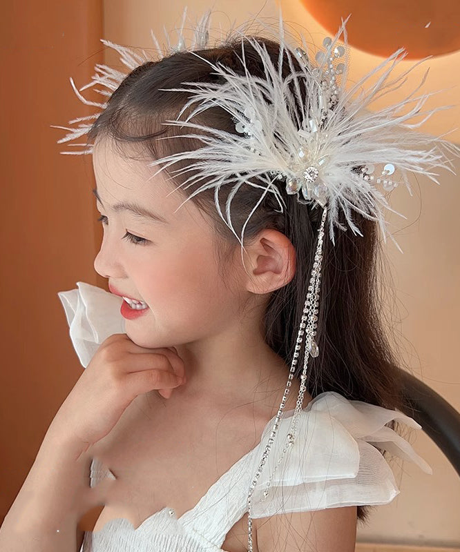 White Alloy Feather Pearl Sequins Tassel Hairpin