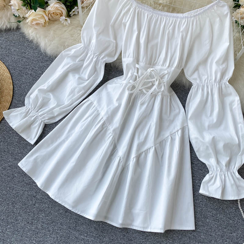Simple White Off Shoulder Lace-up Waist Puff Sleeve Mini Dress