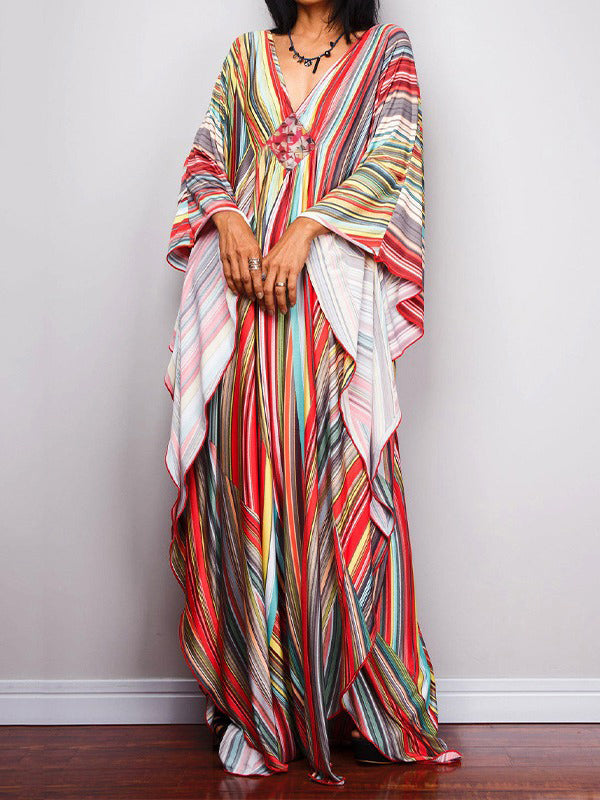 Batwing Sleeves Loose Printed Split-joint Striped V-neck Maxi Dresses