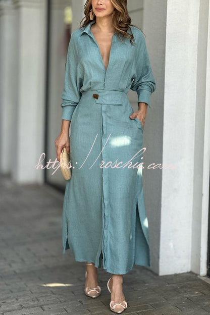 Know Your Worth Linen Blend Pocketed Slit Shirt Midi Dress
