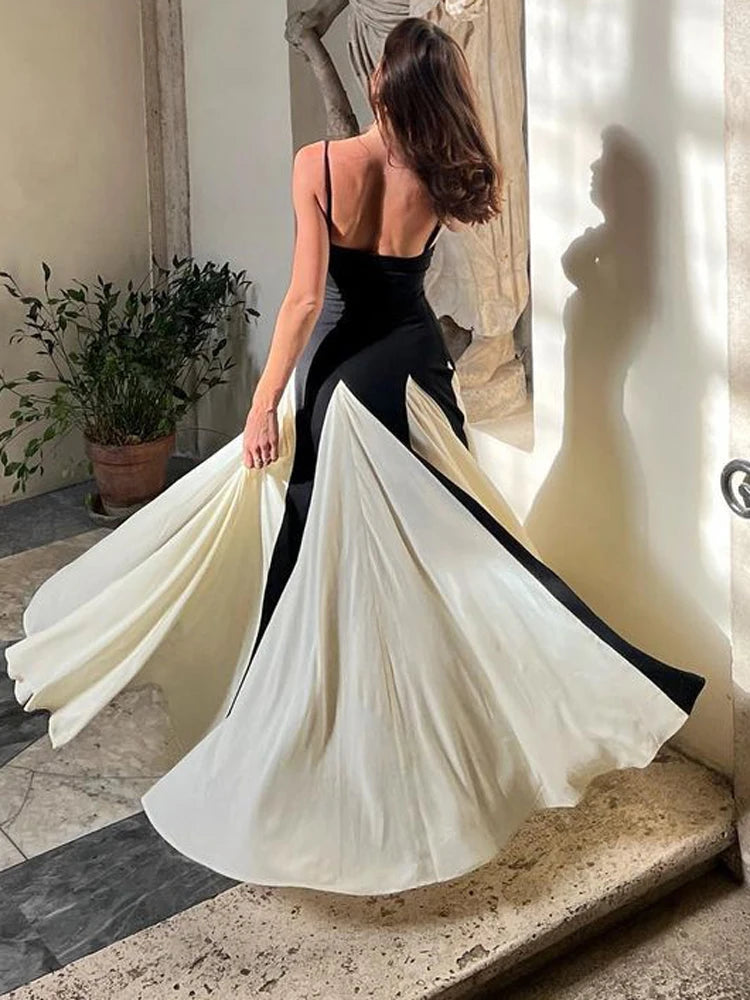Summer Backless Contrast Halter Dresses for Slim Party Dress ’s Spaghetti Long Dress New