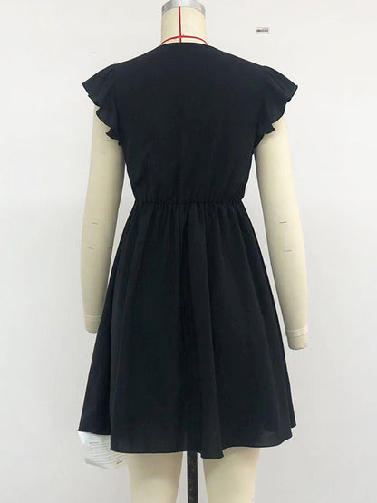 A-line High Waisted Hollow Pleated Ruffled Color Split-joint Deep V-neck Mini Dresses