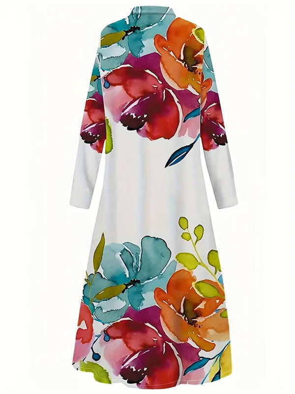 Long Sleeves Loose Buttoned Flower Print Lapel Maxi Dresses Shirt Dress