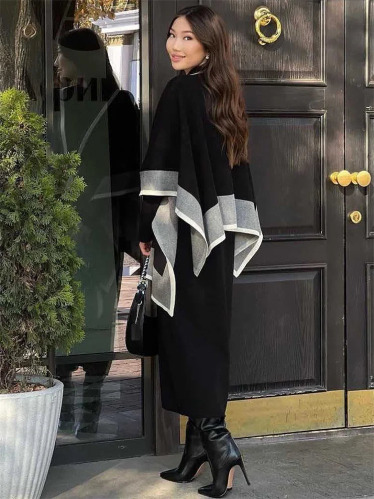 Knit 2 Piece-set Maxi Dress for Loose Patchwork Contrast Shawl Slim Knitwear Dress Outfits