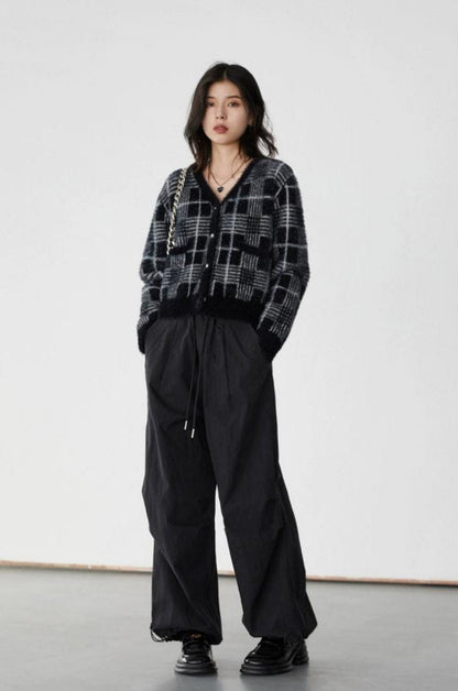 Plaid Fuzzy Cropped Cardigan