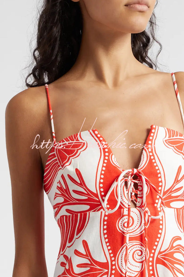 Shell Unique Print Front Lace-up Loose Maxi Dress