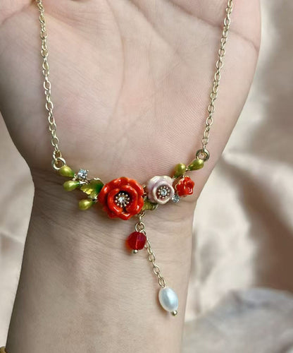 Gold Sterling Silver Alloy Pearl Tassel Pendant Necklace