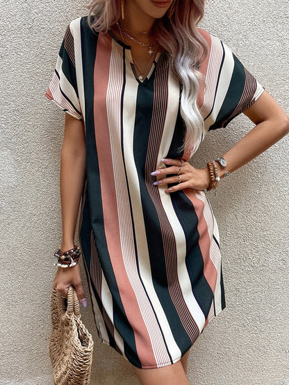 A-line High Waisted Striped V-neck Mini Dresses