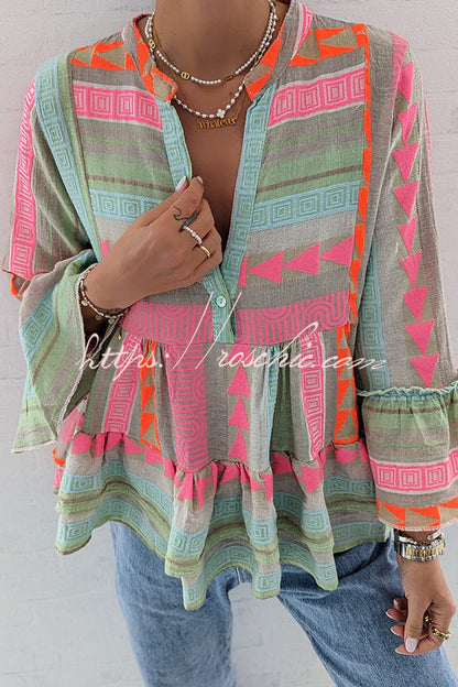 Phylis Linen Blend Colorful Print Bell Sleeve Babydoll Blouse