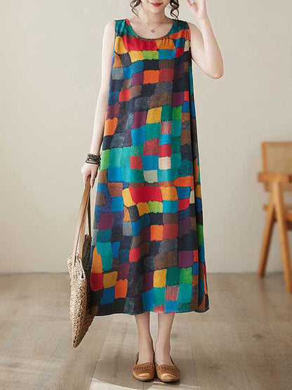 Loose Sleeveless Contrast Color Multi-colored Plaid Round-neck Midi Dresses