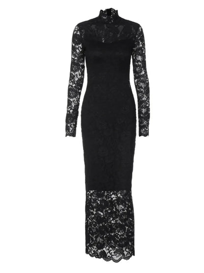 Long Sleeved Lace Patchwork Long Dress Summer New Slim Fit Bodycon Party Evening Dress