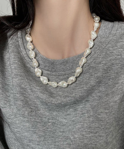 White Alloy Asymmetrical Pearl Gratuated Bead Necklace