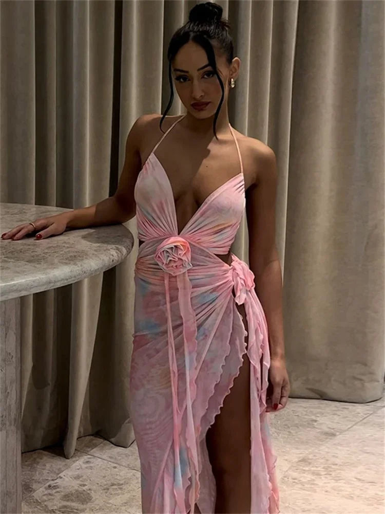 Printed Mesh Long Dress Lace-up Backless Hollow Out Ruffled Bandage Dress ’s Dress Summer