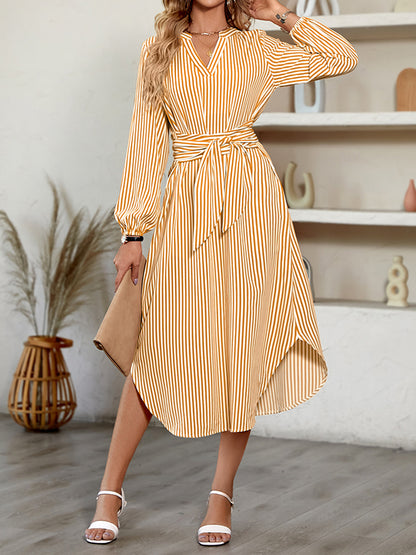 A-line Long Sleeves Striped Tied Waist V-neck Midi Dresses Shirt Dress