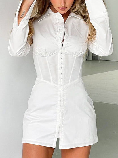 High Waisted Long Sleeves Buckle Color Split-front Lapel Mini Dresses