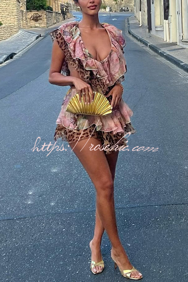 Dreamy Island Leopard Print Cutout Waist Tiered Ruffles Mini Dress