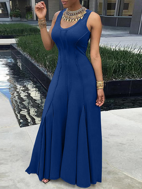 Sleeveless Color Split-joint U-neck Maxi Dresses