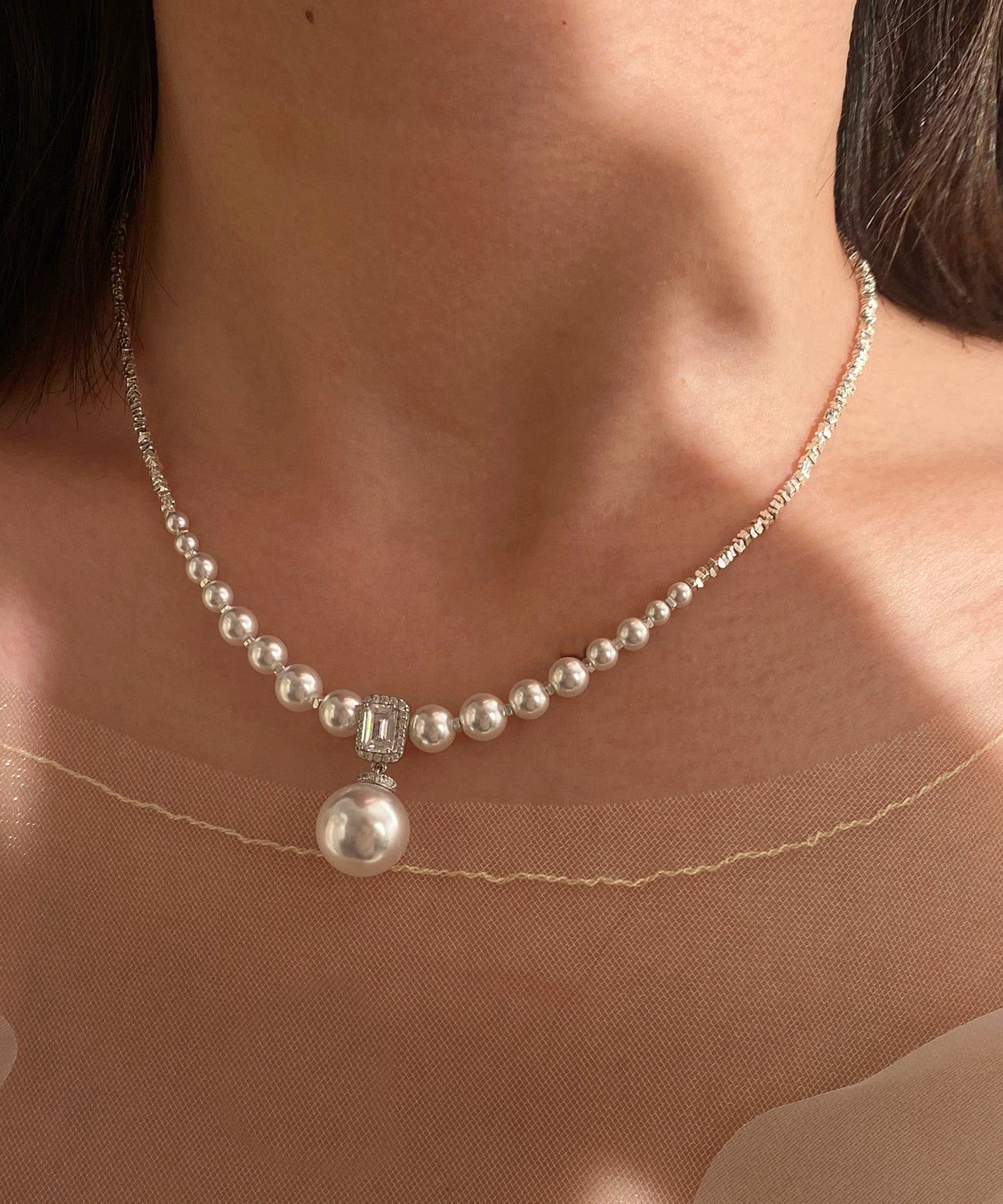 Boutique Gradient Size Beaded String Zircon Small Square Silver Choker