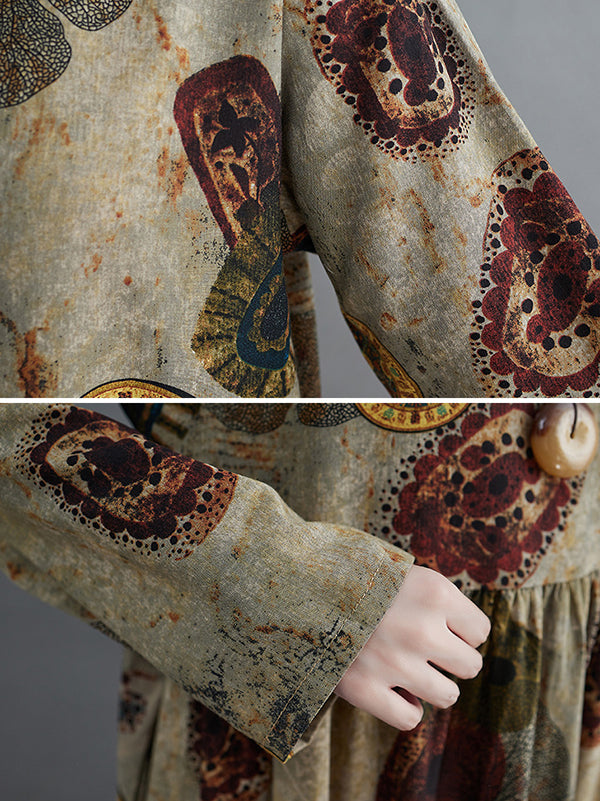 Artistic Retro Loose Long Sleeves Printed Round-neck Maxi Dresses