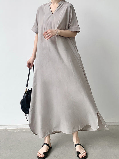 Loose Short Sleeves Color V-neck Maxi Dresses