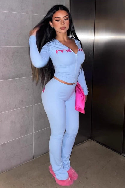 Letter Print Crop Hoodie & Skinny Pants Two Piece Set