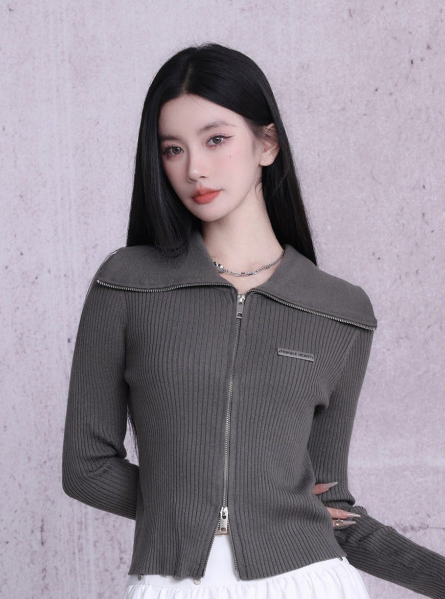 Ribbed Zip-front Cropped Cardigan - Fitted Long Sleeve Knit Top