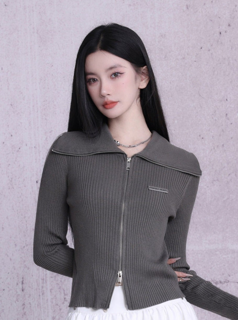 Ribbed Zip-front Cropped Cardigan - Fitted Long Sleeve Knit Top