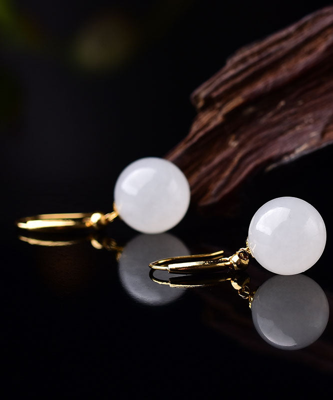 Simple Gold 18k Gold Inlaid Sheep Fat Jade Ball Drop Earrings