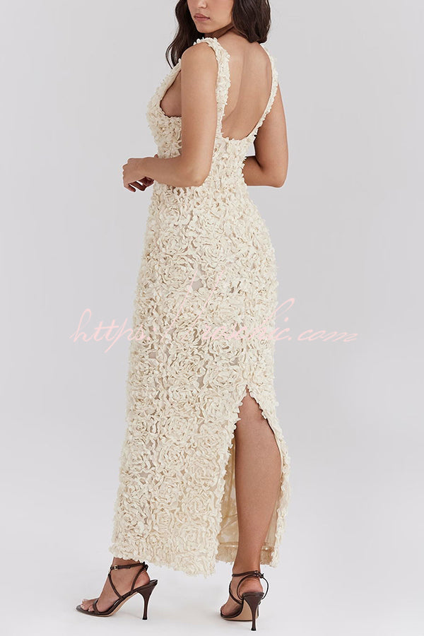 Champagne Party Rose Applique Slit Pencil Maxi Dress