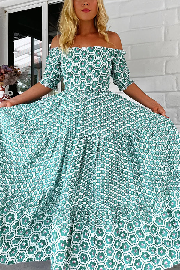 Print Off-the-shoulder Puff-sleeve Pleated Maxi Dress
