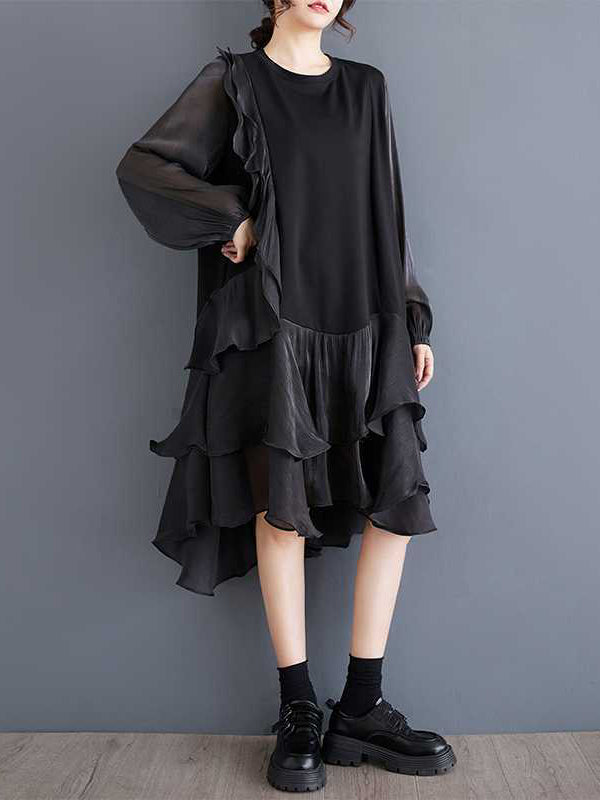 High-low Long Sleeves Contrast Color Ruffle Trim Split-joint Round-neck Midi Dresses