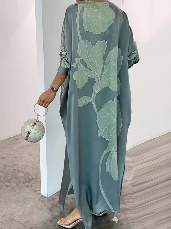Long Sleeves Buttoned Contrast Color Flower&leaves Print Muslim V-neck Maxi Dress