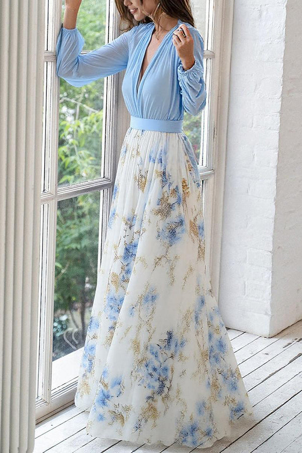 Plant Print V-neck Long Sleeve Stitching Maxi Dress