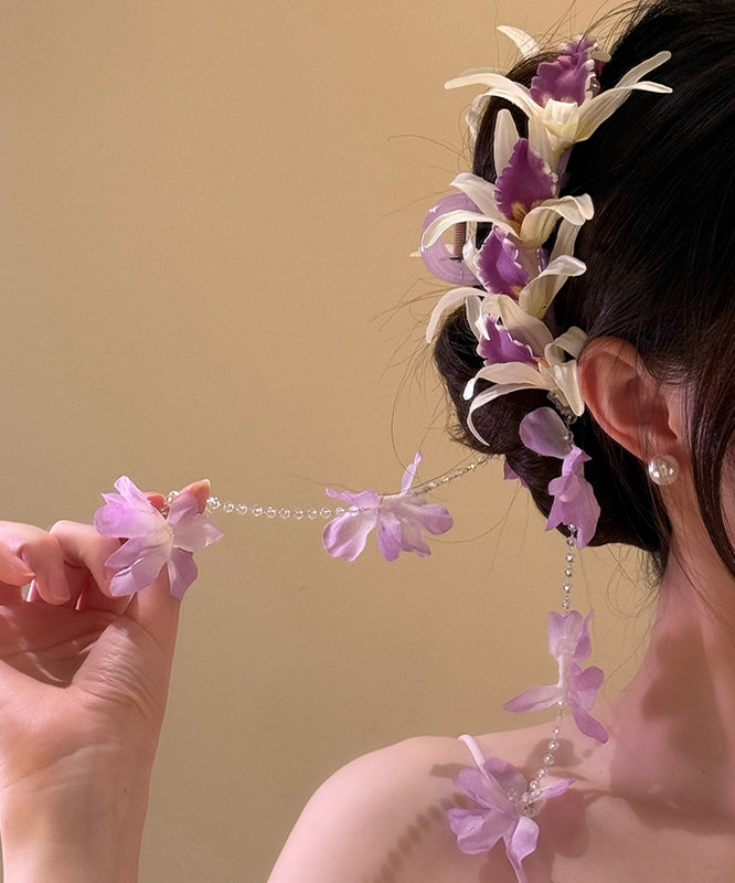 Art Purple Tulle Butterfly Beads Tassel Hairpin