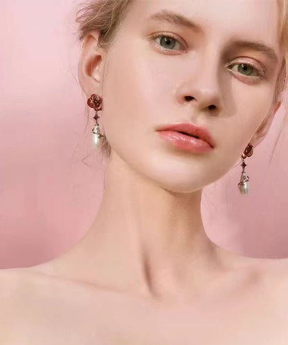 Red Sterling Silver Copper Overgild Pearl Rose Drop Earrings