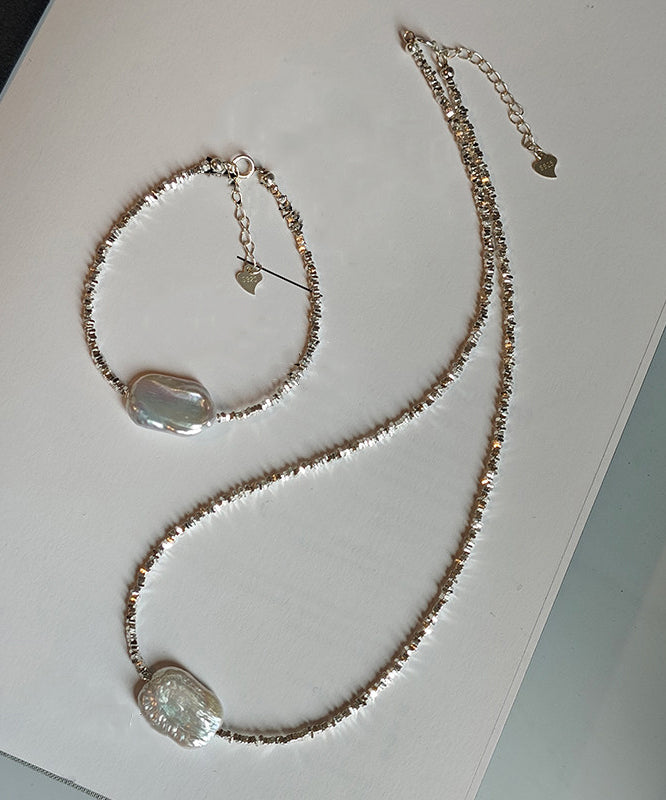 Silver Asymmetric Pearl Adjustable Two Piece Set Pendant Necklace