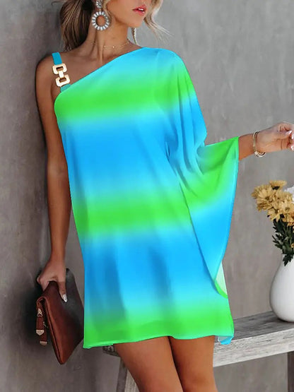 Batwing Sleeves Hollow Printed One-shoulder Mini Dresses