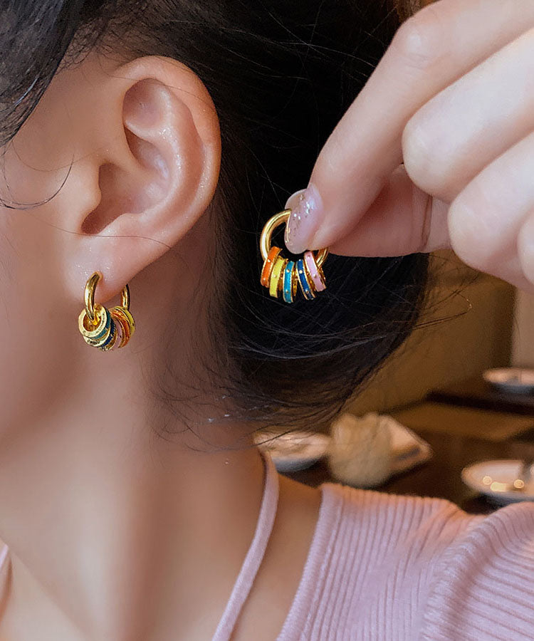 Diy Rainbow Copper Alloy Drip Glaze Circle Hoop Earrings