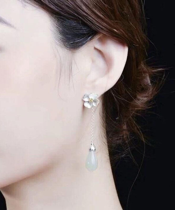 White Sterling Silver Inlaid Jade Drop Earrings