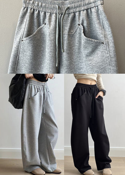 Black Pockets Cotton Pants Drawstring Elastic Waist Fall Af1071