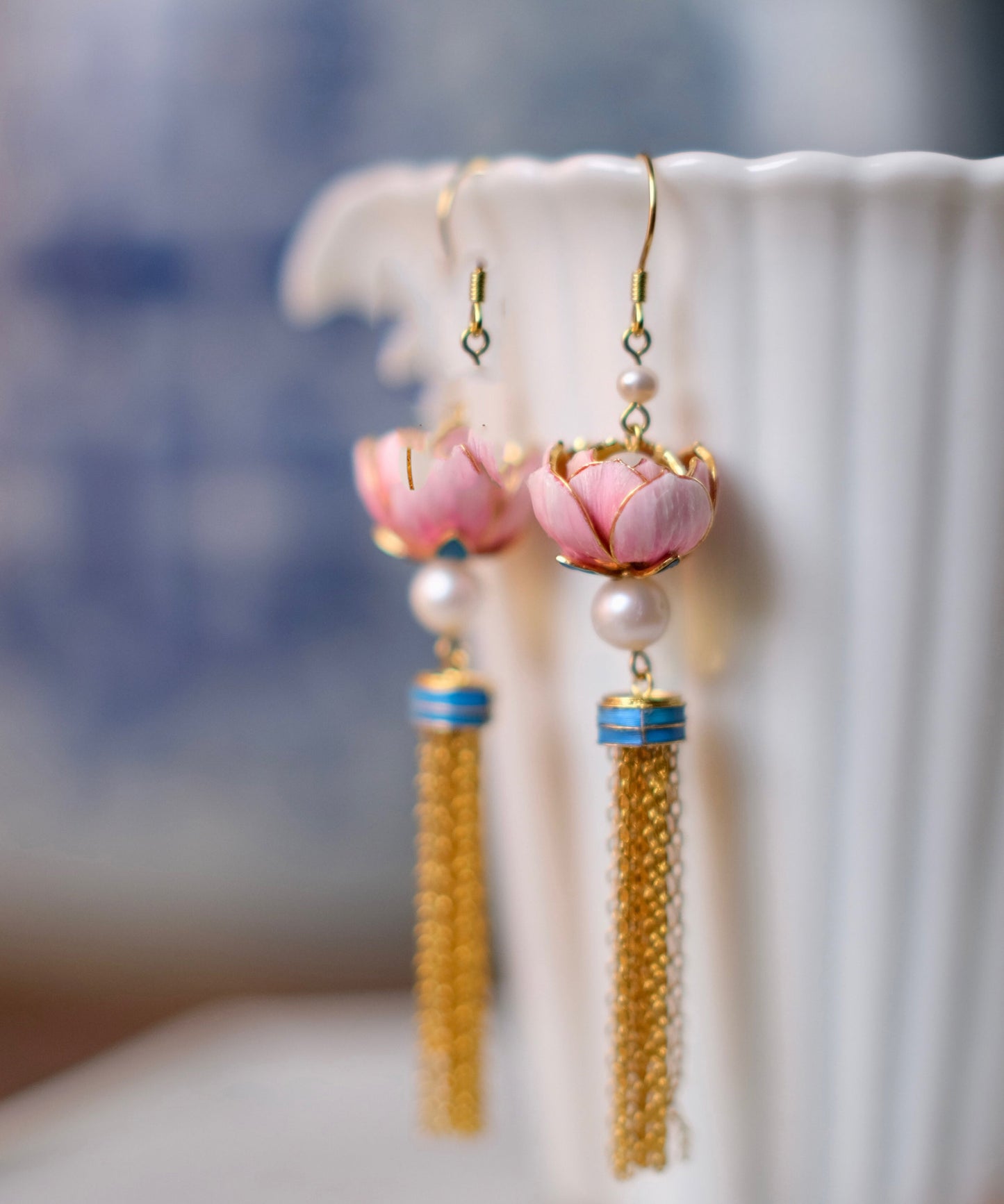 Pink Sterling Silver Overgild Feathers Inlaid Lotus Drop Earrings