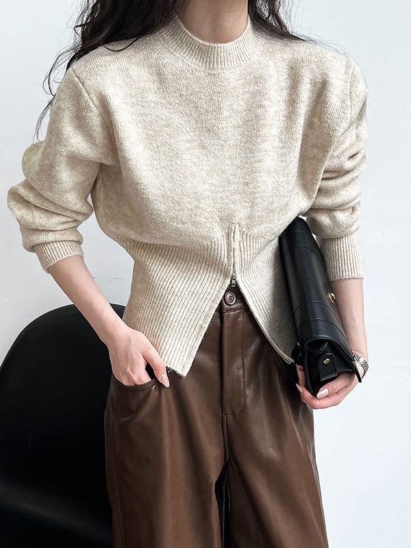 Grey Mock Neck Zip-up Hem Long Sleeve Sweater An1072