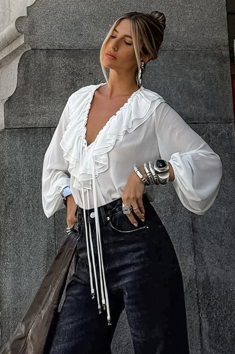 Ruffle Tie V-neck Lantern Sleeve Blouse