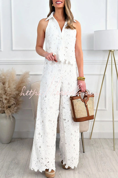 Delighted Embroidery Hollow Lace Shirt-neck Vest and Wide Leg Pants Set