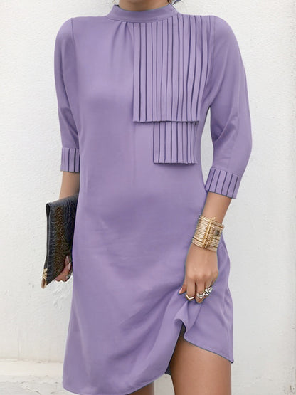 Loose Three-quarter Sleeves Buttoned Pleated Color Split-joint Tasseled Mock Neck Mini Dresses
