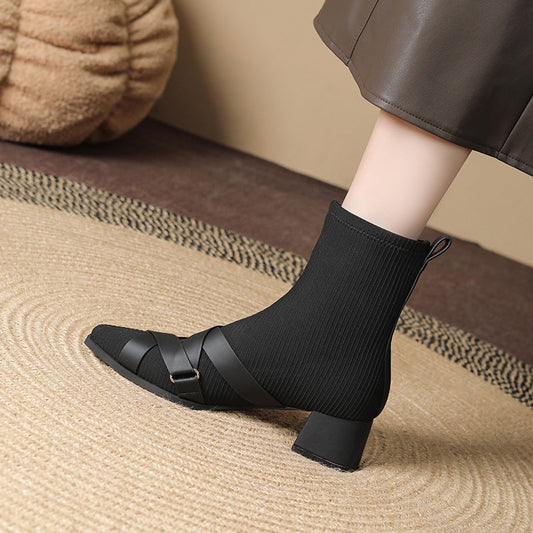 Cross Belt Buckle Square Toe Sleeve Boots