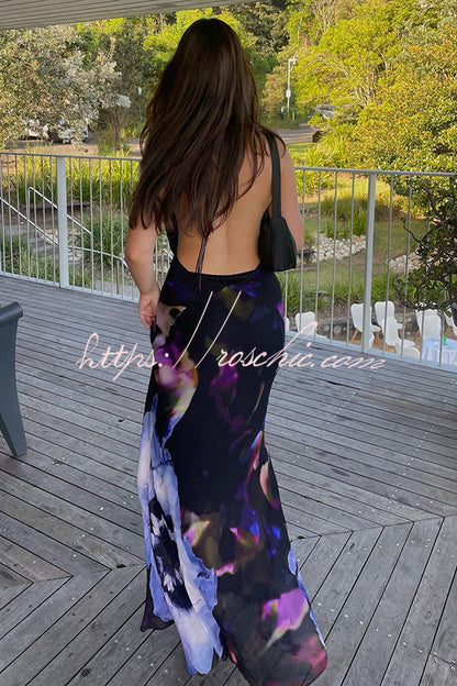 Bold and Tie-dye Abstract Halter Drape Neck Backless Maxi Dress