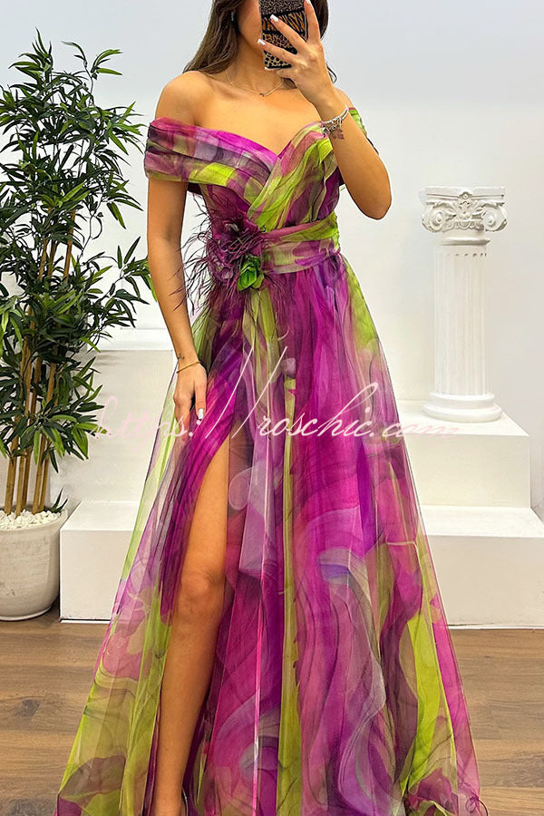 Jinnie Tulle Feather Pendant Pleated Off Shoulder Slit Maxi Dress
