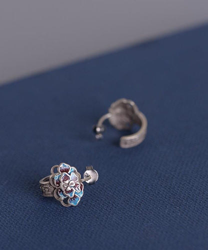 Silk Sterling Silver Cloisonne Peony Flower Stud Earrings